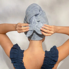 Coastal Blue Plush Microfiber Hair Towel Turban with Bow