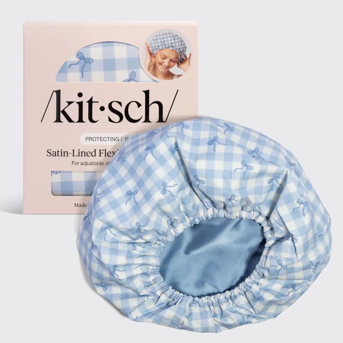 Gingham Blue Satin Lined Flexi Shower Cap