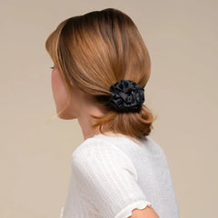 Black Rosette Ruched Satin Scrunchies