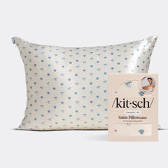 Satin Pillowcase in Pearlized Cream & Coastal Blue Print 4 Pack